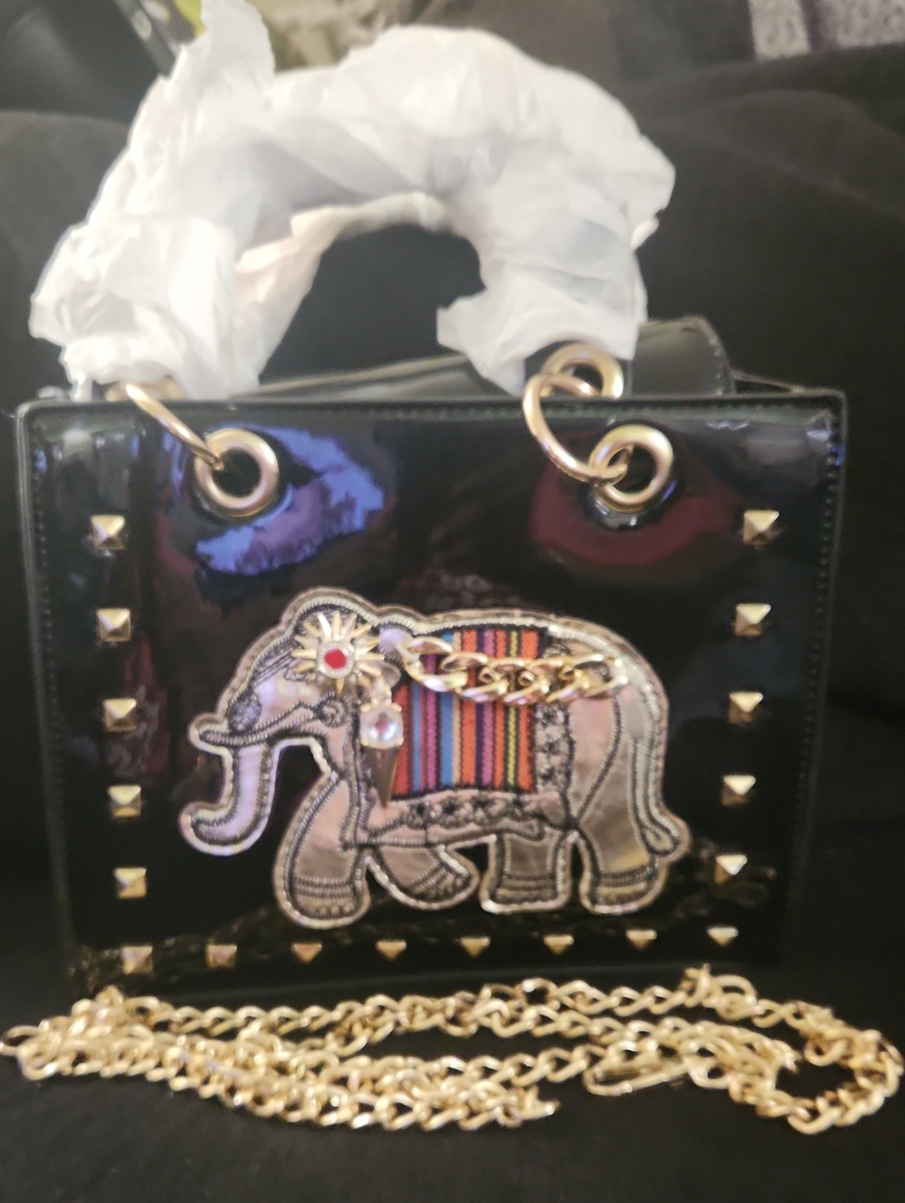 Black Patent Elephant Accent Handbag with Gold Chain